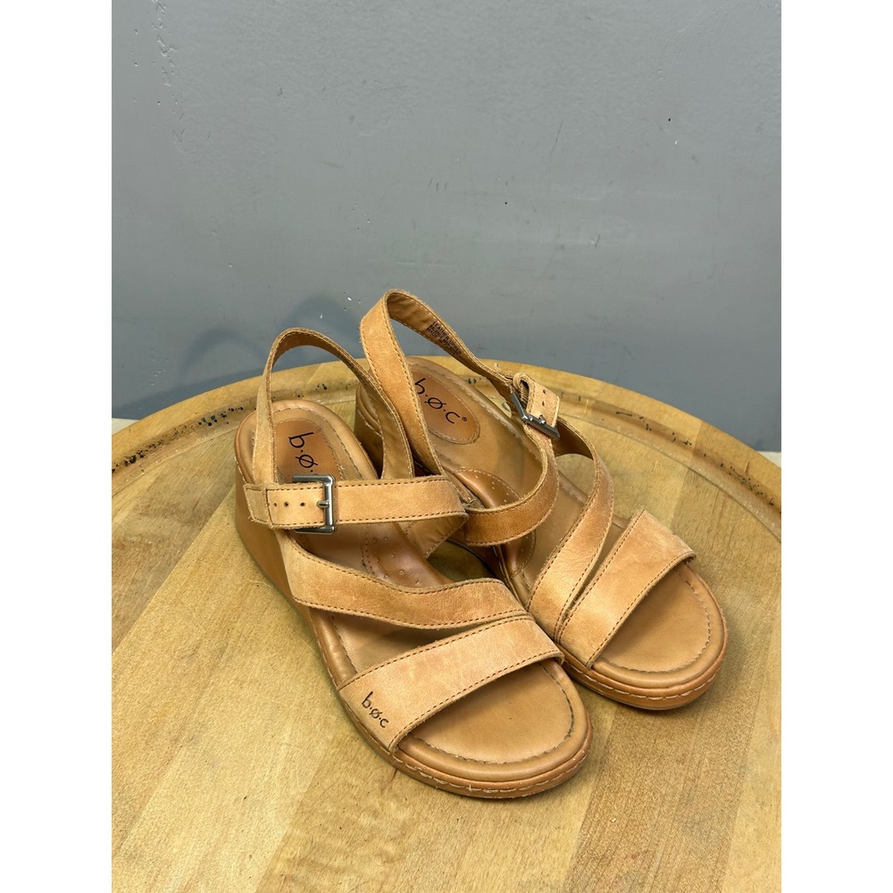 b.o.c. Wedge Sandals Women Size 6‎ Tan Leather Strappy Buckle Platform Neutral